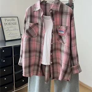 Fashion Pink Plaid Women Shirts Trendy Casual Top For Daily & Streetwear Retro Autumn New Long Sleeve Ladies Clothes Hot Sale