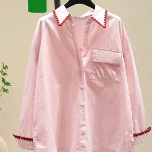 Fall New Arrivals Women's Stylish Contrast-Trim Oversized Casual Long-Sleeve Shirt 2025 New Collection