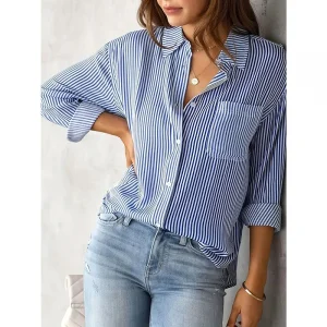 Classic Blue Striped Shirt Women 2025 Autumn Streetwear Vintage Long Sleeve Blouses Female Casual Loose Single-Breasted Shirts