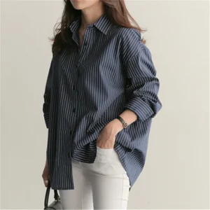 REALEFT Spring Summer Striped Women's Blouse 2025 New Long Sleeve Single Breasted Casual Loose Korean Shirts Top Female