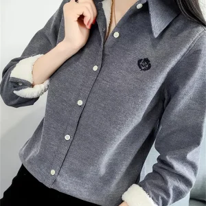 Very Thick Women Winter Style Blouses Shirts Lady Casual Long Sleeve Turn-down Collar Velvet Blusas Tops DF3161