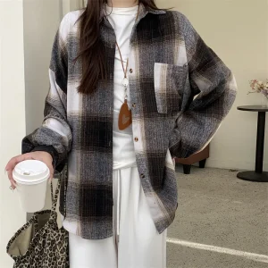 AOSSVIAO 2025 Autumn Winter New Casual Shirt Women Thick Woolen Plaid Blouse Loose Long Sleeved Tops Long Shirts