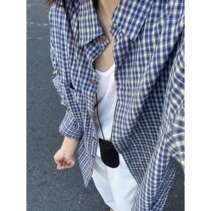 Women's Vintage Casual American Street Shirt Long Sleeve Slim Fit Tops Button Down Fashion Plaid Shirts Lapel Neck Autumn New