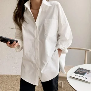 AOSSVIAO 2025 Office Lady Elegant White Casual Loose Blouses Fashion Cotton Long Sleeve Women Shirt Turndown Collar Tops