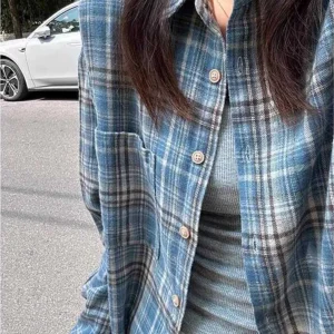 Korean Contrast Color Plaid Long Sve irt Loose Casual Sle Men's Women's Spring Autumn Trendy Couple Tops Polyester