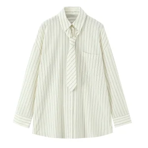 2025 autumn new women's casual fashion temperament loose versatile striped tie lapel long-sleeved shirt top