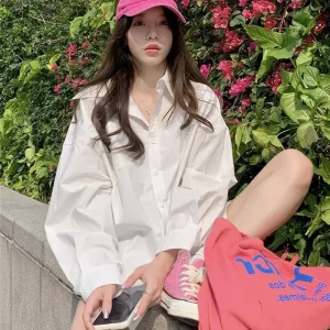 Women's Simple Oversize White Shirt 2025 Spring Summer Long Sleeve Button Up Loose Blouse Harajuku Streetwear Casual Blusas Tops