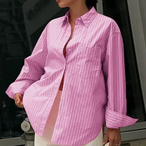 Woman Blouse 2025 Spring Fashion Casual Loose Printed Striped Contrasting Long Sleeved Turn-Down Collar Women's Shirt Top