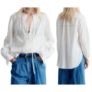 Women s Casual V-Neck Long Sleeve Button Down Shirt with Lace Detailing and Balloon Sleeves - Stylish Fall Blouse