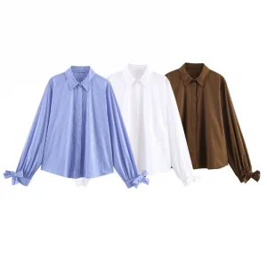 Spring Autumn Turn-down Collar Long Sleeve Single Breasted Poplin Shirts Women Striped Bow Decoration Blouses Female Casual Wear