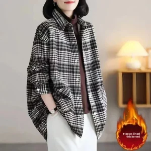 Winter Plaid Fleece Lined Woolen Shirt Loose Midi Length Versatile Outerwear Women's Button up Shirt Thin Grid Pattern