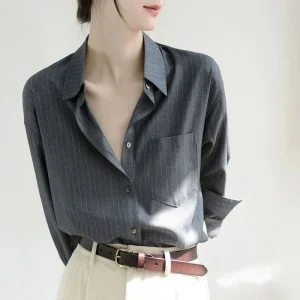 Vintage Striped One Pocket Women's Blouses Long Sleeve Single Breasted Casual Office Loose Shirts Female 2025 New Spring Autumn