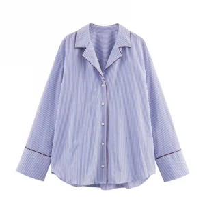 Autumn Turn-down Collar Long Sleeve Single Breasted Poplin Striped Shirts Women Contrast Color Design Blouse Female Casual Wear