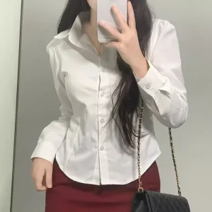 FANAN Preppy Style White Shirts Women Korean Slim Long Sleeve Office Shirt Ladies 2025 Spring Fashion Button Lapel Short Blouse