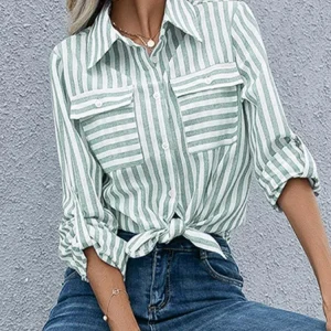 Women's Spring/Summer 2024 New Striped Single Breasted Long Sleeve Shirt Women Elegant and Youth Woman Stylish Blouse