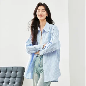 Vimly Cotton 100% Fashion Striped Shirt & Blouse Spring Casual Lapel Women's Shirts 2024 New Long Sleeve Top for Woman M5118