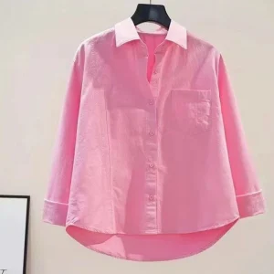 Turn-down Neck Pink Solid Long Sleeved Loose Shirt And Blouse Outerwear Clothing Top Casual Single Breasted Spring Simple OL New
